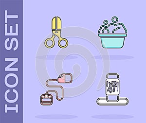 Set Cat scratching post, Scissors hairdresser, Retractable cord leash and Pets bath icon. Vector