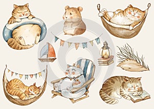 Set of cat on vacation, watercolor whimsical illustration in neutral colors