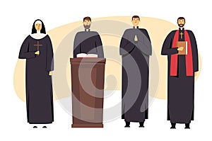 Set of Catholic Christian Staff, Priest Man and Nun Woman in Uniform Holding Cross, Bible and Gospel, Bless Parishioners