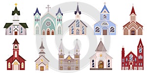 Set Of Catholic Churches, Featuring Stunning Architectural Diversity, Intricate Stained Glass Windows, And Peaks