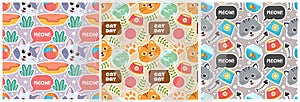 Set of Cats Animals Seamless Pattern Design with Cat Element in Template Hand Drawn Cartoon Flat Illustration