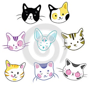 Set of cats. A collection of cartoon kittens of different colors. Playful pets. Lovely colored cats. Vector illustration