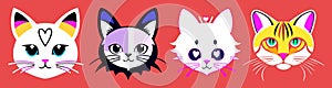 Set cats with different colored eyes are shown in a line up on a pink background, flat colors, vector art, furry art