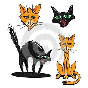 Set cats icon. Vector illustration of funny cats. Background of cartoon cats hand drawn