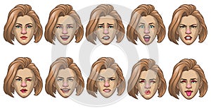 Set of caucasian women head in various face expression