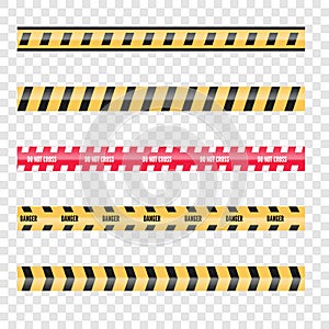 Set of caution danger tapes. Warning security vector. Barricade lines.