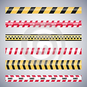 Set of caution danger tapes. Warning security vector. Barricade lines.