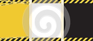 Set of caution safety banners. Black yellow white striped vertical poster. Caution safety template. Stripe yellow black