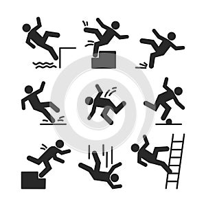 Set of caution symbols with falling stick figure man. He falls down the stairs and over the edge. Wet floor, stuck on stairs.