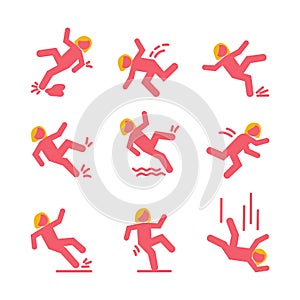 Set of caution symbols with pink falling stick figure woman. She falls down the stairs and over the edge. Wet floor, stuck on