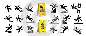 Set of caution symbols with stick figure man falling. Falling down the stairs and over the edge. Wet floor, tripping on stairs. Wo