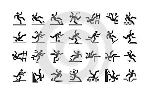 Set Of Caution Symbols With Stick Figure Man Falling from Ladder, Slip on Wet Floor, Fall Down The Stairs