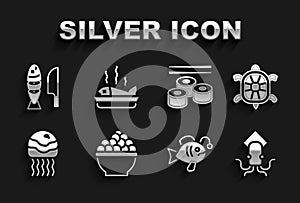 Set Caviar, Turtle, Octopus, Tropical fish, Jellyfish, Sushi, Fish with sliced pieces and Served on plate icon. Vector
