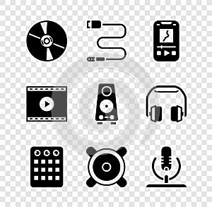 Set CD or DVD disk, Audio jack, Music player, Drum machine, Stereo speaker, Microphone, Online video and icon. Vector