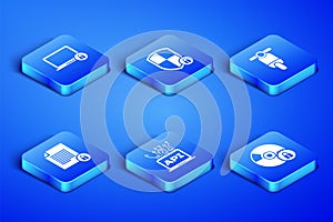 Set CD or DVD disk with lock, Laptop and, Computer api interface, Document, Shield security and Scooter icon. Vector