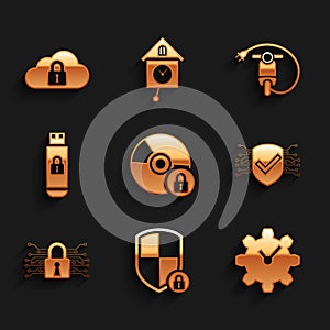 Set CD or DVD disk with lock, Shield security, Time Management, Cyber, and USB flash drive icon. Vector