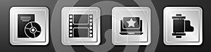 Set CD or DVD disk, Play Video, Laptop with star and Camera vintage film roll cartridge icon. Silver square button
