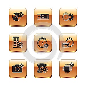 Set CD or DVD disk setting, Photo camera, Drill machine, Time management, Mobile Apps and icon. Vector