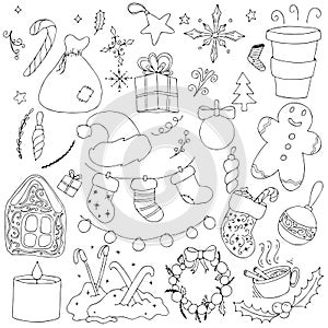 Set for celebrating new year and christmas - gifts, decorations, garlands, treats, vector set of elements in doodle style