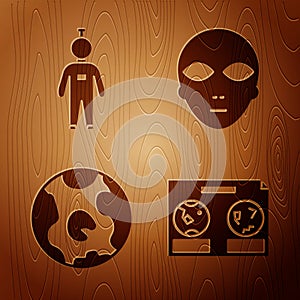 Set Celestial map of the night sky, Astronaut, Earth globe and Alien on wooden background. Vector