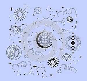 Set of celestial mystic esoteric magic elements sun moon and clouds Different stages of moon, zodiac Signs. Alchemy