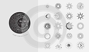 Set of celestial mystic esoteric and magic elements sun and moon with shine and sunburst. Alchemy tattoo object logo