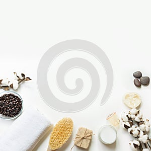 Set for cellulite removal, coffee beans, coconut oil, cotton, vacuum jar on white background. Copy space. Spa concept