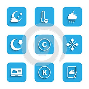 Set Celsius, Kelvin, Weather forecast, Snowflake, Moon, Cloud with rain and moon and icon. Vector