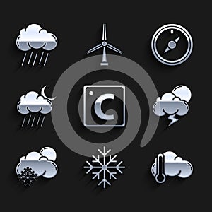 Set Celsius, Snowflake, Thermometer and cloud, Storm, Cloud with snow sun, rain moon, Wind rose and icon. Vector