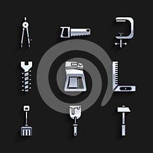 Set Cement bag, Putty knife, Hammer, Corner ruler, Snow shovel, Metallic screw, Clamp and tool and Drawing compass icon