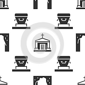 Set Cemetery digged grave hole, Old crypt and Coffin on seamless pattern. Vector