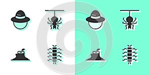 Set Centipede insect, Camping hat, Tree stump and Spider icon. Vector