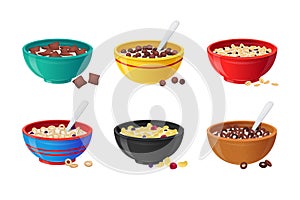 Set Ceramic Bowls with Cereals Breakfast, Milk, Chocolate and Berries. Healthy Food Concept. Realistic Colorful Plates