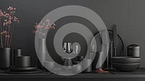 a set of ceramic chagka dishes, vases, glasses, cups, mugs, and cutlery with a matte, dark, Swiss-style color palette