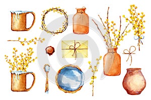 A set of ceramic dishes made by hands. Mug, cup, plate, vase, flowers, mimosa, envelope, jug. Watercolor illustration