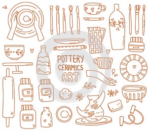 set with ceramic dishes and tools