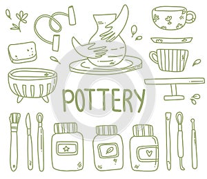 set with ceramic dishes and tools