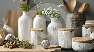 A set of ceramic e jars with delicate handcarved details in the form of es and herbs. These jars not only store your es