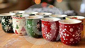 A set of ceramic measuring cups with festive holiday colors and designs a practical addition to any bakers kitchen. photo