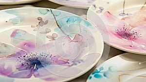A set of ceramic plates painted with delicate watercolor designs created using the wetonwet technique. photo