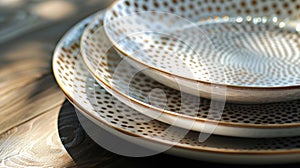 A set of ceramic plates with a sleek and modern design achieved through the use of stencils and airbrushing techniques. photo