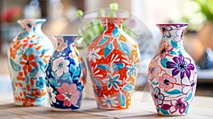 A set of ceramic vases adorned with handpainted floral designs in vibrant colors perfect for adding a pop of color to