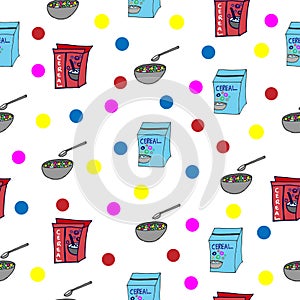 Set of cereal box with cereal in the bowl and spoon illustration on white background. colorful polka dots. healthy breakfast. seam