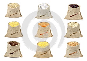 The set of cereals in sacks isolated on a white background. Collection of cereals and flakes in bags