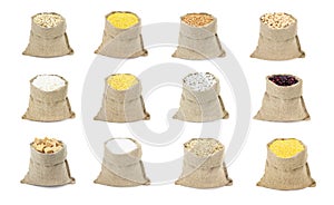 The set of cereals in sacks isolated on a white background. Collection of cereals and flakes in bags