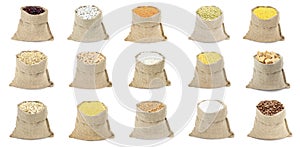 The set of cereals in sacks isolated on a white background. Collection of cereals and flakes in bags