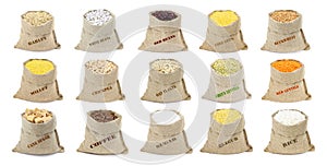 The set of cereals in sacks isolated on a white background. Collection of cereals and flakes in bags. Grocery