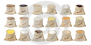 The set of cereals and spices in sacks isolated on a white background. Collection of cereals and flakes in bags. Grocery