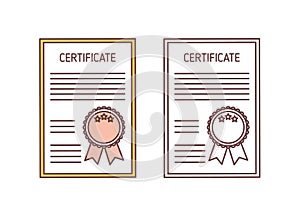 Set of certificates with seal and ribbon isolated on white background. Official document certifying professional or