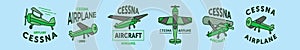 Set of cessna plane logo cartoon icon design template with various models. vector illustration isolated on blue background